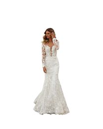 Robes de mariée sexy grande taille sirène bohème dos ouvert dentelle fleurs appliques manches longues balayage train pure col en V plage Bridal304B