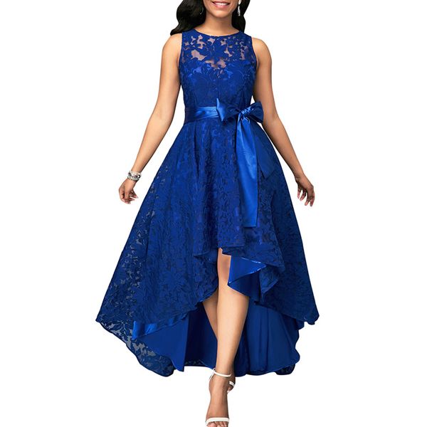 Sexy grande taille robe de soirée nouvelles femmes dentelle Maxi robe sans manches haut bas ceinturé irrégulière balançoire longue robe bordeaux/bleu/noir