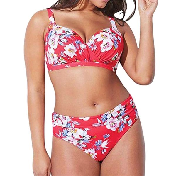Sexy Plus Size maillots de bain femmes taille haute Bikini Set rouge Floral maillots de bain grande taille plage maillot de bain maillot de bain pour les femmes 5XL N50 T200508