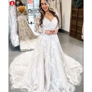 Robes de mariée sexy grande taille col en V profond dentelle appliquée manches longues une ligne de mariée dos nu tribunal train arabe deuxième robe de réception robes de novia