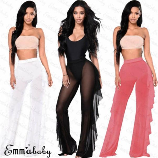 Sexy Tallas grandes Mujer Malla Sheer Bikini Cubrir Pantalón largo Pantalones Playa Traje de baño Suelto Gasa Harem Pantalones Mujer