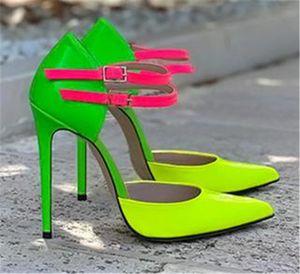 Sexy puntige teen stiletto dames patchwork pumps enkel riemen groen lederen hoge hakken formele jurk big size schoenen