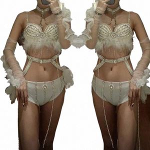 Sexy Pole Dance Bikini Blanc Rhinestes Soutien-gorge Shorts Discothèque Dj DS Gogo Costume Femmes Rave Outfit Stage Performance Wear XS6676 60lo #