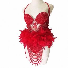 Sexy Pole Dance Bikini Femmes Stage Performance Wear Festival Outfit Drag Queen Costume Blanc Rouge Plein Perles De Fourrure Body P8Xr #