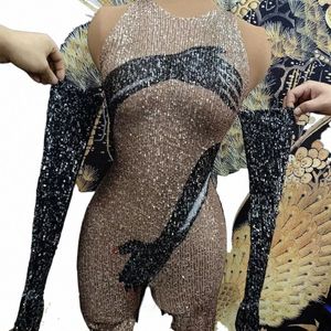 Sexy Pole Dance Outfit Vrouwen Dj Ds Party Gogo Kleding Drag Queen Kostuums Clubwear Zwart Goud Pailletten Jumpsuit Handschoenen a3tf #