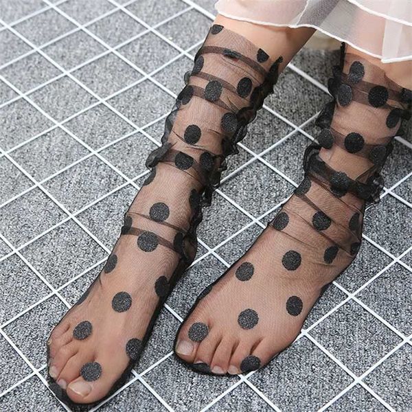 Sexy Polka Dot Tulle Chaussettes Femmes Résille Transparent Longues Chaussettes Mince Drôle Chaussettes Femme Streetwear Calcetines Mujer Robe 211204