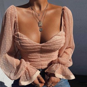 Sexy Polka Dots Crop Tops Vrouwen Low Cut Backless See Through Short Chiffon Mesh T-shirt Vrouwelijke Club Party Elegante Tees Y0622