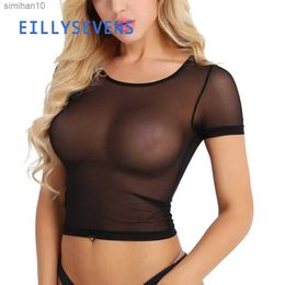 Sexy Porn Body Women'S Crop Tops Mesh See-Through Short Sleeve Casual T-Shirt Erotic Underwear Sex Costumes 2023 L230518