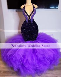 Sexy prom jurk Mermaid 2K23 Purple Glitter Sparkly Black Girls Verjaardagsfeestjes Ruches Ruches avondjurk Custom Maat