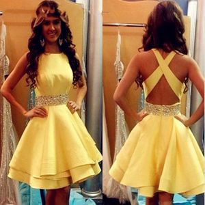 Sexy prom jurk geel homecoming jurken korte meisjes satijnen kralen lint cocktail criss cross party jassen