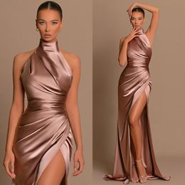 Robes de bal sexy licou sans manches robes de soirée plis avant fente formelle longue robe d'occasion spéciale YD