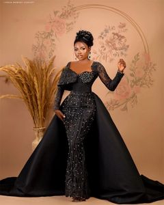 Robes de bal sexy bijou illusion en dentelle noire Perles de cristal sirène africain plus taille satin Longueur du sol