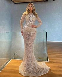 Sexy Prom Dresses Long Sleeves High Neck Lace Appliques Shiny Sequins Beaded Train Hollow Mermaid Slim Floor Length Evening Dress Plus Size Custom Made