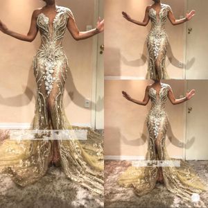 Sexy Prom Dresses Mermaid One Sombe de encaje blanco Apliques Pearls de cristal Alto División Open Back Back Back Tray Formal Fiest Vestido 403