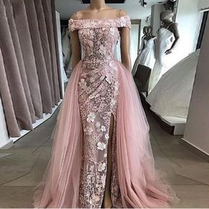 Sexy prom jurken roze off schouder illusie kanten appliques bloemen zeemeermin zijde splits overskirts feest avondjurken vegen trein