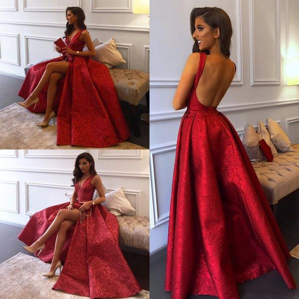 Robes de bal brillantes sexy rouge col en V dentelle appliques dos nu haut côté fendu robe formelle tenue de soirée robes Ogstuff Estidos estidos