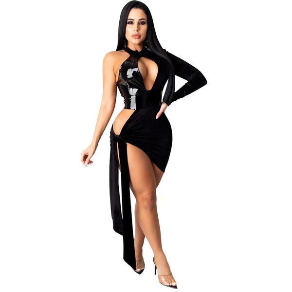 Sexy PU Faux En Cuir Mini Robe Une épaule High Col Femmes Femmes Fête Fête Robes Découpez Cravate Cadre Bandage Fermeture Zipper Highless Backless Clubwear Fashion Balwaycon Black