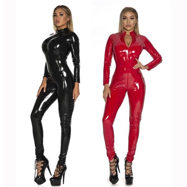 Sexy PU látex Catsuit mujeres negro rojo Wetlook mamelucos imitación cuero traje brillante cremallera entrepierna abierta Canvas2751