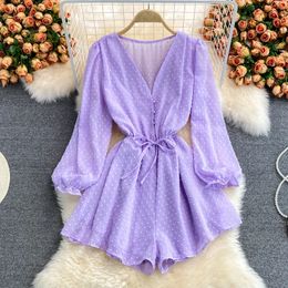 Sexy Puff Manga Manga LaceUp Playsuit de moda coreana One Piece Women Women Leg Shorts Bodysuit Beach Vacation Boho 240409