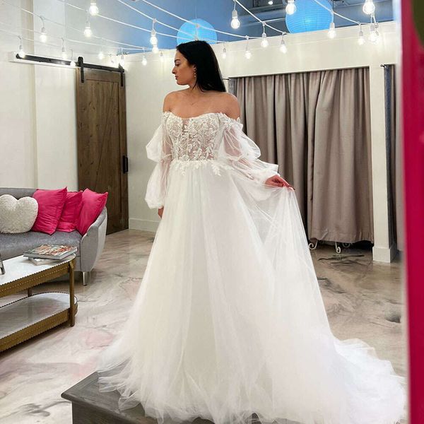 Sexy manga hinchada A LINE Vestidos de novia para mujeres fuera del hombro Apliques Bead Bead Vata de novia Multilapa Boho Mariee 326 Ppliques Ppliques