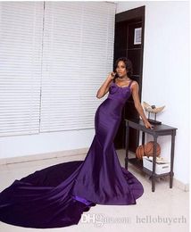 Sexy Purple Cheap Mermaid Prom Dresses Spaghetti Straps Satin Plieats Train Train Vestido formal Vestidos Vestidos de Noiva Ogstuff