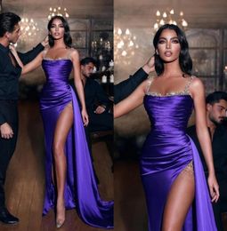 Sexy violet longue paillettes sans manches fente sirène robes de bal 2022 bretelles Spaghetti sirène robes de soirée C04041111264
