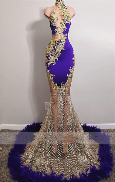 Robes de soirée sexy violet sirène 2023 plumes perles dorées Aso Ebi robe de fête d'anniversaire robes formelles robe de bal sur mesure 7017569
