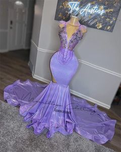 Sexy Purple Mermaid Long Prom Dresses 2023 V-Neck Beads Crystals Tassels feathehrs verjaardagsfeestjurken Robe de Bal Court Train