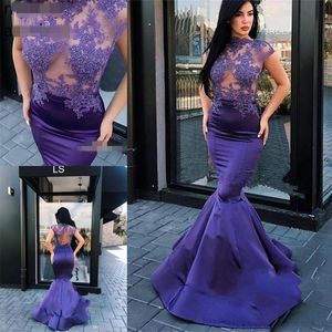 Sexy Purple Mermaid Plus Size Avondjurken Jurken voor vrouwen Hoge nek 2020 Kralen Zien door formele Prom Party Jurken Robe de Soiree