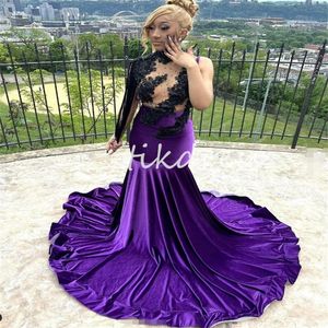 Robes de bal de sirène violette sexy 2024 Voir à travers les meilleurs femmes noires Velvet Robe de soirée Appliques noires Robe formelle de fête de fête d'anniversaire Vestio de Fiesta