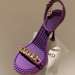 sexy paarse sandalen voor dames nieuwigheid gouden ketting decoratie topkwaliteit naaldhak damesschoenen ontwerper echt leer hoge hakken mode dames sandaal