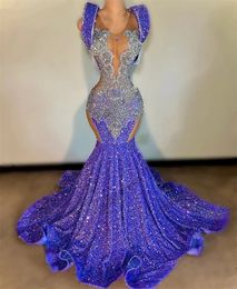 Robe de bal de sirène pour paillettes violettes sexy pour fille noire en coude de fête de cou en soirée balayez les robes de train de soirée 322