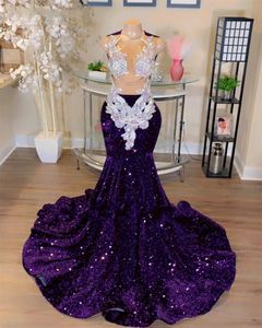 Robe De Bal en paillettes violettes, Sexy, effet d'illusion, avec des Appliques en dentelle, grande taille, dos nu, robes formelles De fête d'anniversaire