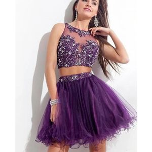 Sexy violet court deux pièces robes de soirée perlées cristal appliques une ligne robe de queue sur mesure robe de bal de remise des diplômes 328 328