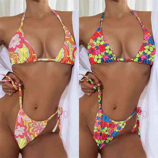 Sexy Push Up Bikinis Set Imprimer Maillots de bain pour femmes Fleur cassée Maillot de bain Cravate latérale Maillot de bain Beachwear Biquini 210722