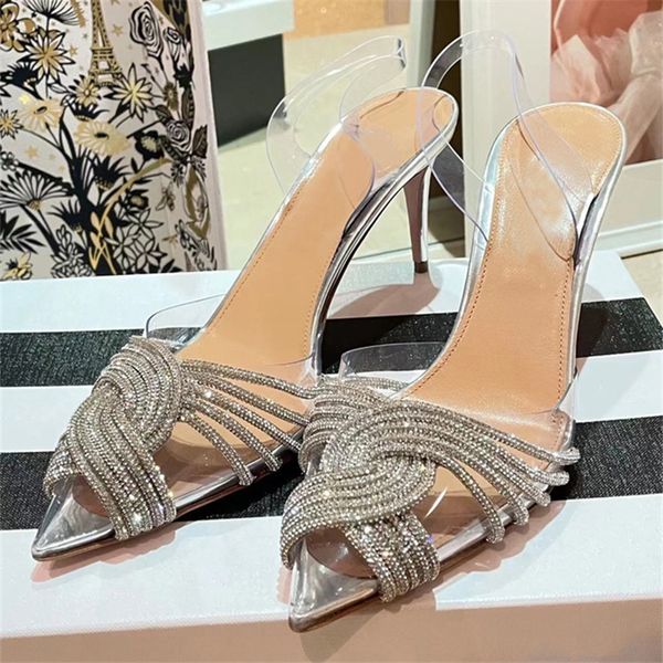 Sexy PVC mujeres bombas cristal transparente tacones altos puntiagudos plata vestido de graduación zapatos verano gladiador sandalias San Valentín zapato