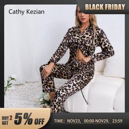 Sexy Pyjama Pyjama Nachtkleding Nachtkleding Cathy Kezian Khaki L XL XXL Luipaardprint Ice Sillky Shirt en broek met lange mouwen Glad 231129