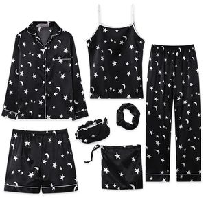 Sexy Pyjama Pyjama Lente Zomer Nachtkleding Set voor Sterrenprint Satijn Korte Lange Mouw Top Elastische Taille Broek Lounge 231211