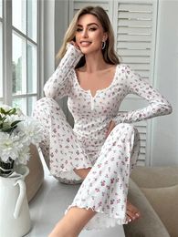 Sexy pyjama nachtkleding met vrolijke bloemenprint en sla-afwerking pyjama set elastische tailleband loungewear nachtkleding met lange mouwen 231129