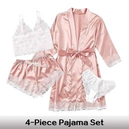 Conjunto de pantalones de pijama de verano de pijama sexy de 4 piezas de satén de encaje con ropa de dormir de seda bata de moda y ropa de dormir cómoda 231129