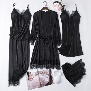 Sexy Pyjamas Noir 5PCS Dentelle Satin Robe Robe Ensembles Sexy Femmes Nuisette Peignoir Chemise De Nuit Costume De Nuit Printemps Vêtements De Nuit Accueil Kimono Pyjamas 231128