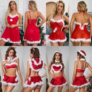 Pyjamas sexy vêtements de nuit de Noël uniforme dentelle robe nuisette transparente Costumes de Cosplay érotique année ensemble de lingerie rouge 231017