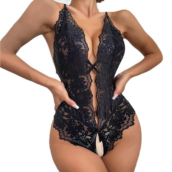 Pyjama Sexy sans entrejambe pour femme, Lingerie noire en dentelle, ensemble de soutien-gorge creux, Costumes érotiques, robe Teddy, sous-vêtements porno en V profond