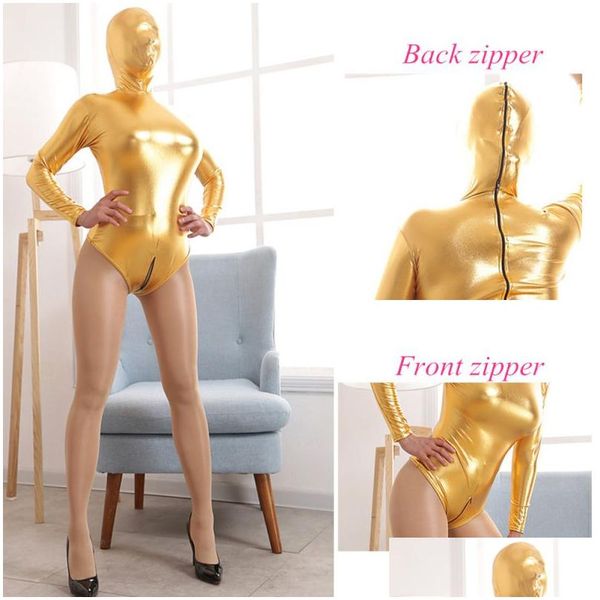 Sexy pijamas fetiche mujeres y lencería con máscara de cabeza bdsm erótico entrepierna abierta pvc catsuit látex body cremallera frontal l0407 gota entregar dhzzm