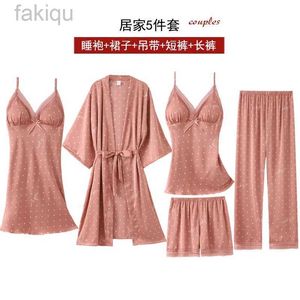 Sexy Pyjama FZSLCYIYI Pyjama Zijde Stip 5 Stuks set nachtkleding Satijnen Pyjama Sexy Kanten Pyjama Nachtjapon Nachtkleding Thuis Kleding 24318