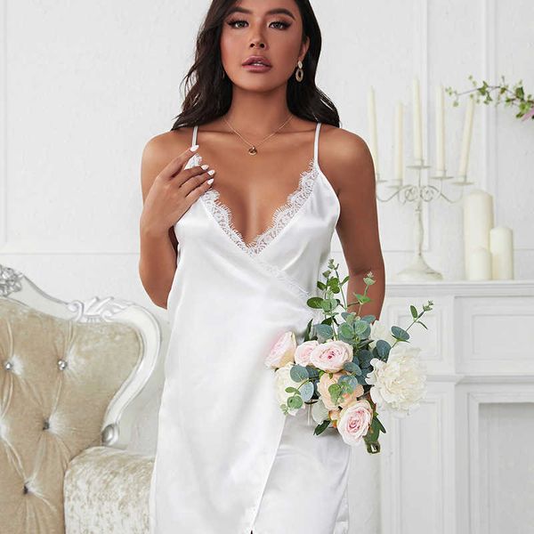 Pyjama Sexy Jxgarb Vetement Femme Vestidos De Novia Couleur Blanc Solide Col En V Split Robe De Nuit En Satin Nighty Pour Dames Chaude Romantique Sexy J230601