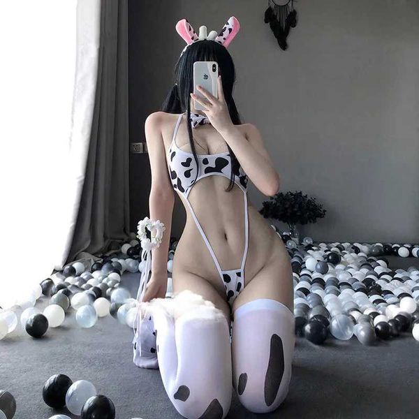 Pijamas sexys Kawaii Negro Blanco Estampado de vaca Mini Sin espalda Una pieza Micro Bikini Mono Disfraces sexuales eróticos Body para mujer Lencería sexy