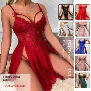 Pyjamas sexy dentelle broderie bleu fronde sous-vêtements maille pyjama transparent vêtements de maison tentation séduire modèles multicolores sexy 240330