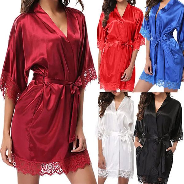 Pyjama Sexy Lingerie Satin dentelle noir Kimono vêtements de nuit intimes Robe de nuit femmes sous-vêtements érotiques 231017