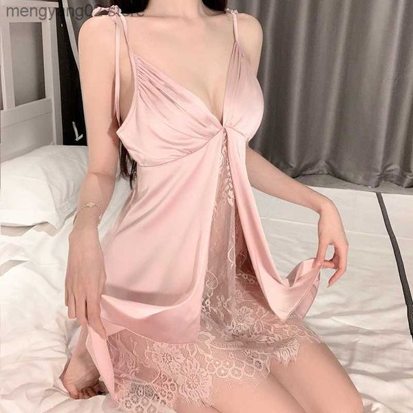 Pyjamas Sexy Nouvelles Femmes Sexy Érotique Sling Lingerie Vêtements De Nuit Avec Robe De Nuit Creuse Dentelle Babydoll V-cou Vêtements De Nuit Satin Dos Nu Nuisettes T230529